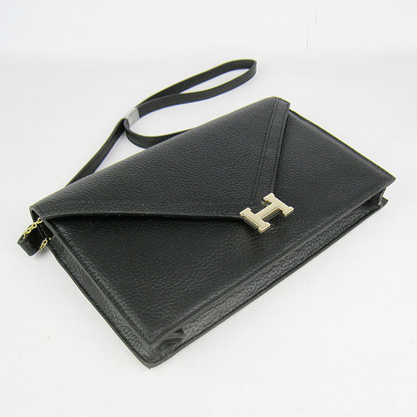 7A Hermes Togo Leather Messenger Bag Black With Gold Hardware H021 Replica - Click Image to Close